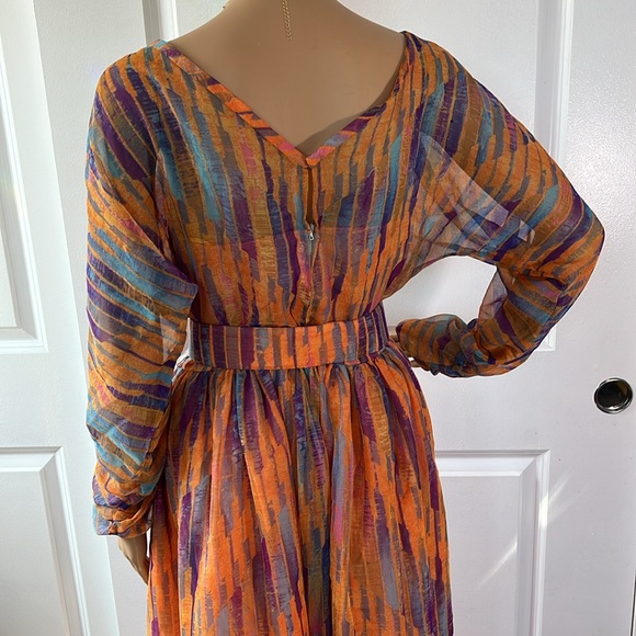 Vtg 60s 70s fabulous watercolor sheer overlay orange purple dress S - Picture 11 of 12
